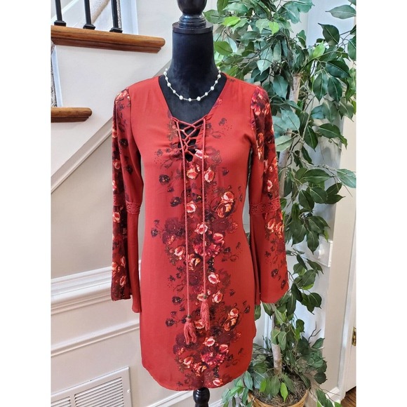 Altar'd State Dresses & Skirts - Altar’d State Red Floral Lace Up Boho Bell Sleeve V Neck Knee Length Dress Small
